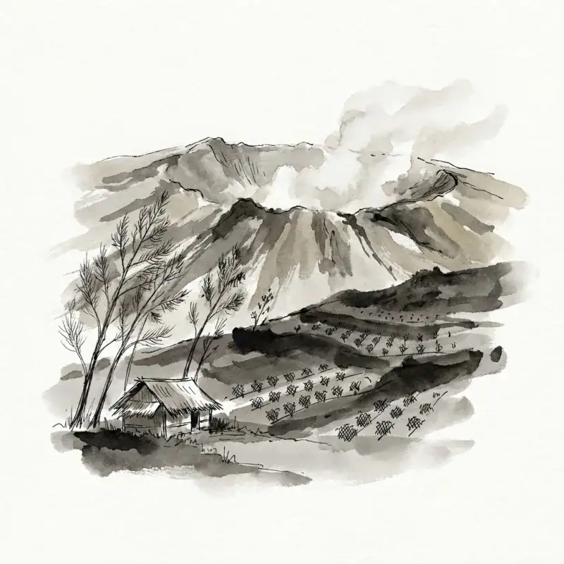 Ijen Plateau, East Java — ink-wash illustration of smallholder rows on volcanic slopes