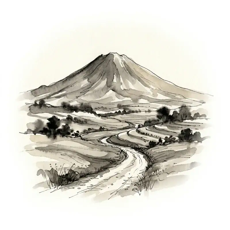 Kerinci — ink-wash illustration of terraced gardens beneath a tall volcano