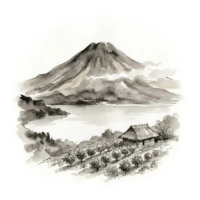 Kintamani, Bali — ink-wash illustration of coffee gardens below Mount Batur