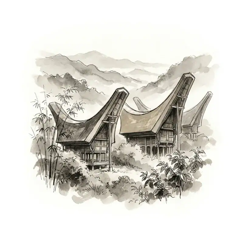 Toraja, South Sulawesi — ink-wash illustration of tongkonan roofs above terraced gardens
