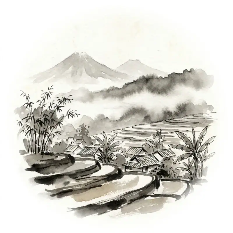 Bandung Highlands, West Java — ink-wash illustration of ridged tea-and-coffee country